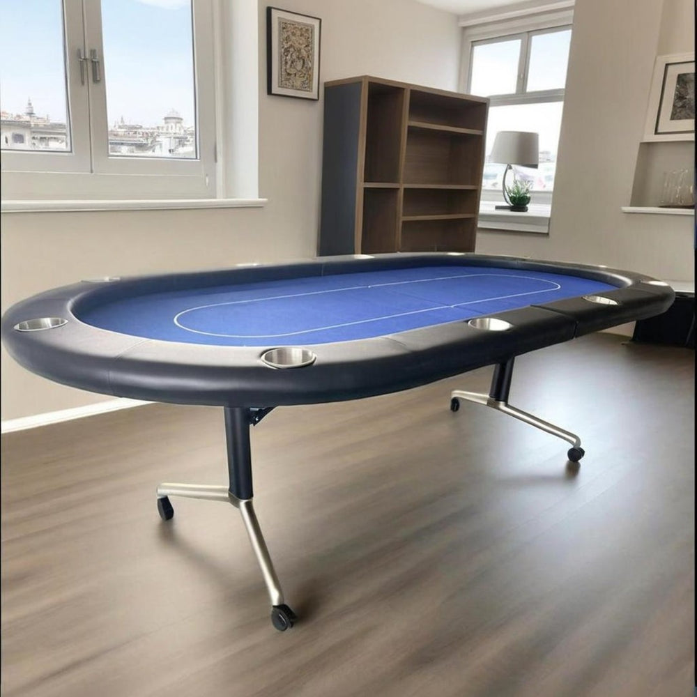 English Elm Ino Design 94 Inch Oval Felt Poker Table Seats Ten with Casters and Cup Holders Blue W2748P321634