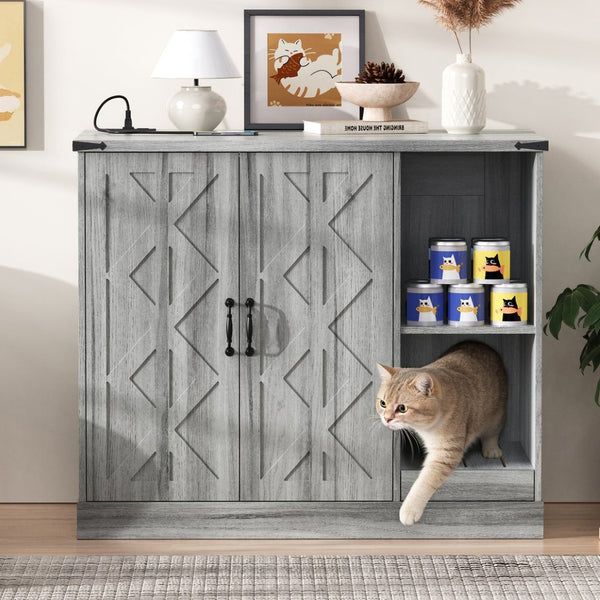 English Elm Cat Litter Box Cabinet Gray Mdf with Built-in Power Outlet and Geometric Door Design N704P414606E