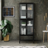 English Elm Stylish 4-Door Tempered Glass Cabinet With 4 Glass Doors Adjustable Shelves U-Shaped Leg Anti-Tip Dust-Free Fluted Glass Kitchen Credenza Black