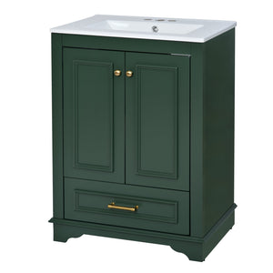 English Elm 24'' Bathroom Vanity with Ceramic Sink Combo Modern Freestanding MDF Cabinet with Soft-Close Doors and Sleek Silver Handles for Spacious Organized Bathroom Storage Green N710P194893F