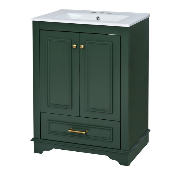 English Elm 24'' Bathroom Vanity with Ceramic Sink Combo Modern Freestanding MDF Cabinet with Soft-Close Doors and Sleek Silver Handles for Spacious Organized Bathroom Storage Green N710P194893F