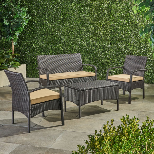 English Elm Christopher Knight Home® - CORDOBA PE Rattan 4-Pc Wicker Chat Set with Cushions, Iron Legs & Waterproof Fabric Comfort Brown+Tan 57458.00
