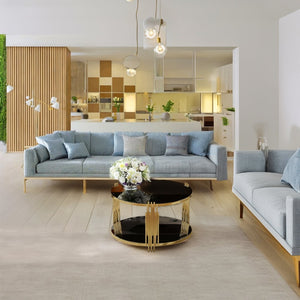 English Elm Modern Round Coffee Table Black Tempered Glass Top Gold Drum Base Living Room Glam N735P177478B