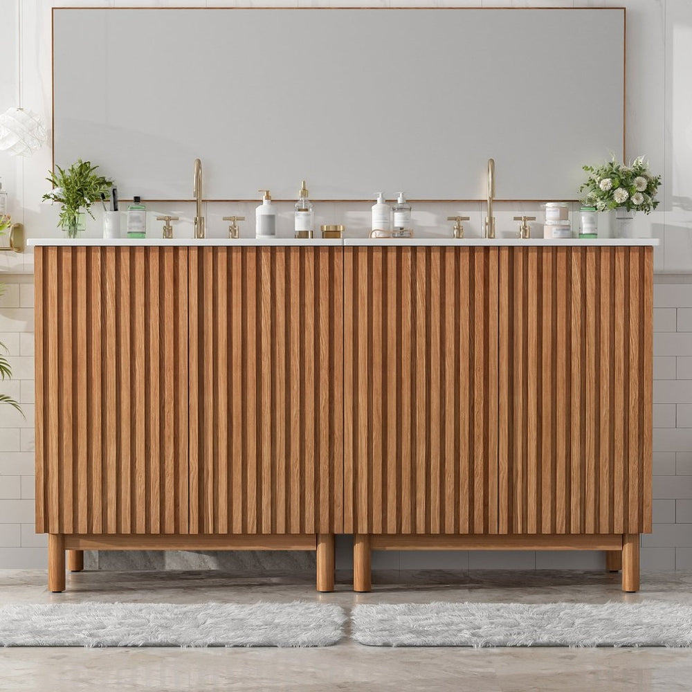 English Elm Modern 48 Inch Freestanding Bathroom Vanity Dual Ceramic Sinks Soft Close Gold Handles N729P000012O