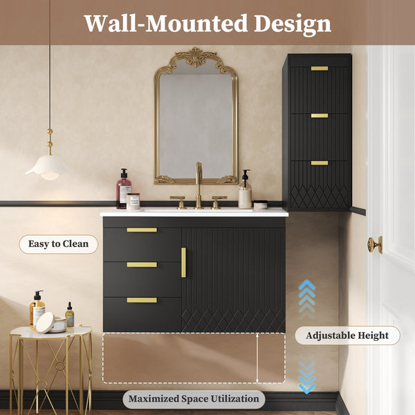 English Elm 30" Bathroom Vanity with Sink — Wall-Mounted Ceramic Basin, Soft-Close Storage, Floating Modern Design Black N710S324096B