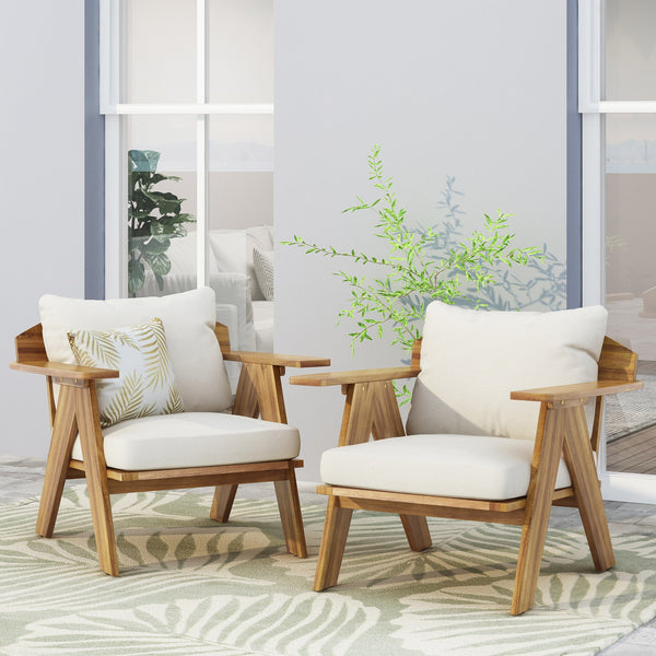English Elm Christopher Knight Home® - Outdoor Acacia Wood Club Chairs Set of 2 with Water-Resistant Beige Cushions, Teak Finish, Durable Relaxation 30" 70856.00BGE
