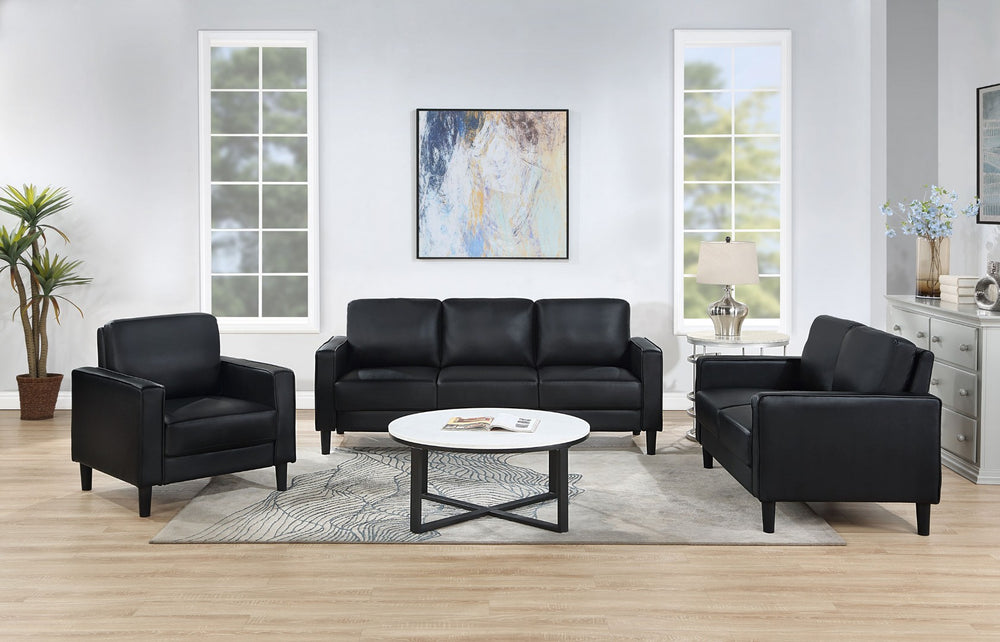 English Elm Weld Black Faux Leather Sofa Loveseat and Chair Set Mid-century Modern Living Room B062S01658