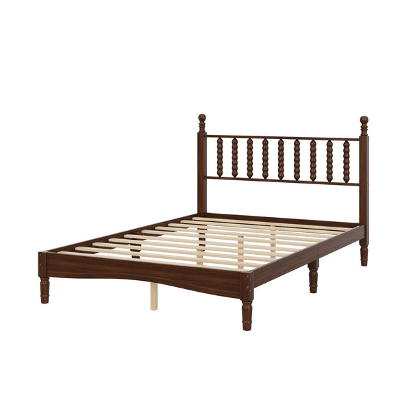 English Elm Full Full Size Wood Platform Bed with Gourd Headboard, Walnut Retro Charm, Solid Slat Support, 500LB Capacity N733P338317D