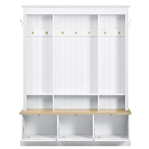 English Elm Farmhouse Hall Tree with Triple Arch Back Panel Eight Hooks Drawers and Entryway Bench White N721S000062K