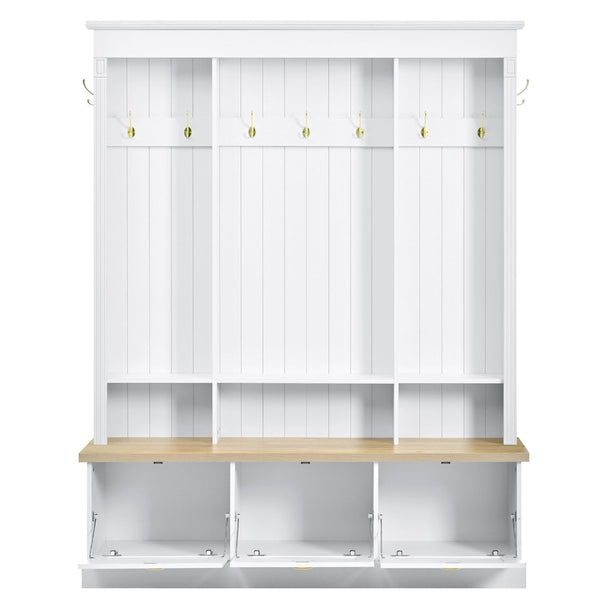English Elm Farmhouse Hall Tree with Triple Arch Back Panel Eight Hooks Drawers and Entryway Bench White N721S000062K