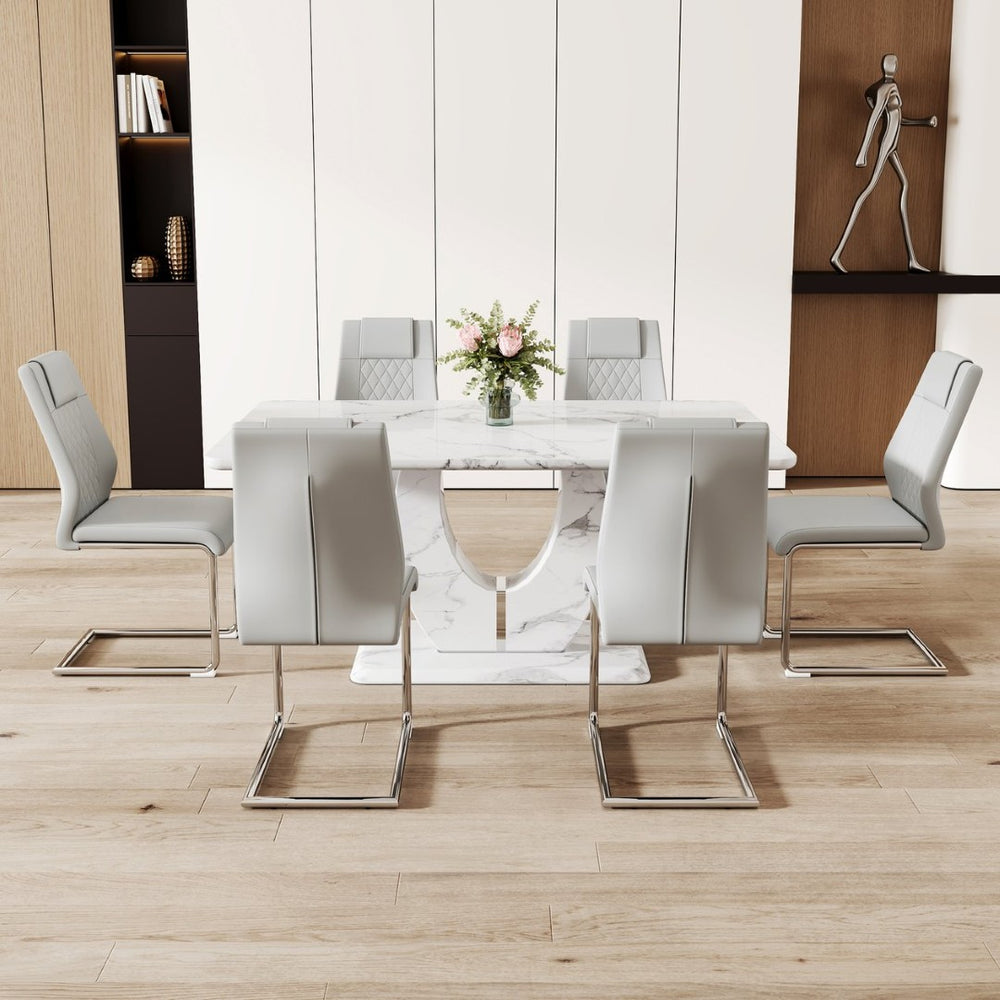 English Elm Table And Chair Set - Elegant White Marble Mdf Dining Table With 6 Light Gray Pu Chairs, Easy Care W1151S02188-GIGA
