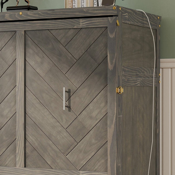 English Elm Queen Murphy Cabinet Bed Pine Wood Geometric Panel Antique Grey with Usb Charging W504S00302