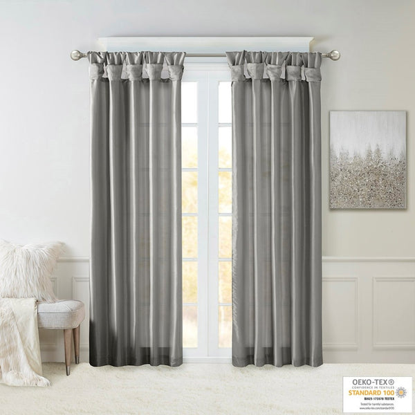 English Elm Twist Tab Lined Faux Silk Curtain Panel In Charcoal - 50X84", Elegant Drape For Any Room B03598230-GIGA