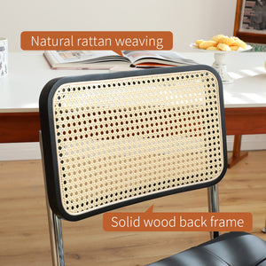 English Elm Dining Mid-Century Cantilever Chairs Set of 2 with Chrome Frame, Rattan Back and Faux Leather Seat Black W2105P230510