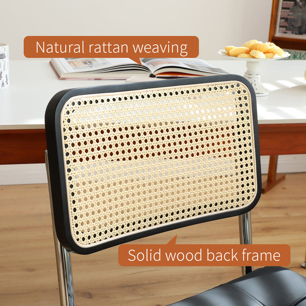 English Elm Dining Mid-Century Cantilever Chairs Set of 2 with Chrome Frame, Rattan Back and Faux Leather Seat Black W2105P230510