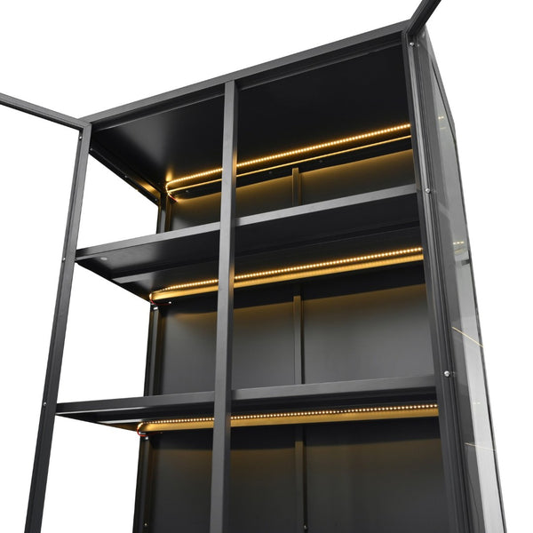 English Elm 76.75'' Steel Curio Cabinet with Led Lights Tempered Glass Doors Vintage Brass Handles SN845P282833B_R