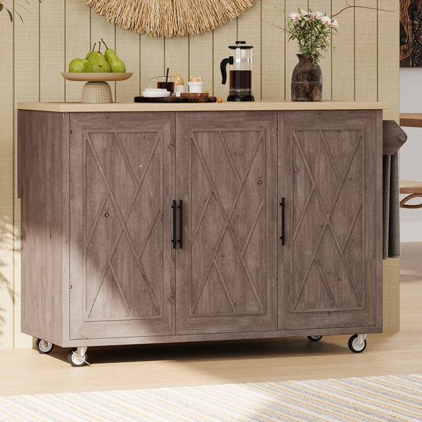 English Elm K&K Farmhouse Kitchen Island with Geometric Twill Doors, ASH Bark Top, Drop Leaf & Lockable Wheels Brown N707P221444Z