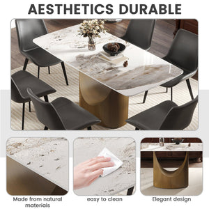 English Elm 63" Modern Artificial Stone Dining Table With Curved Design, Bronze Legs & Integrated Lazy Susan W1535S00551
