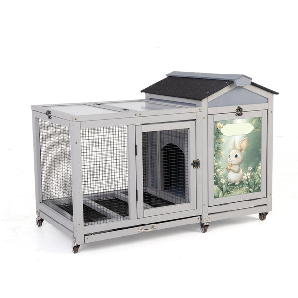 English Elm Wooden Pine Rabbit Hutch Dual Compartment Pet House with Casters Weatherproof Roof W2181P356189