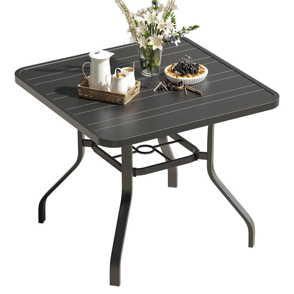 English Elm Patio Square Steel Dining Table Slatted Top Umbrella Ready Seats Four Outdoor T3623P434177
