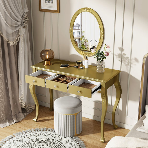 English Elm Luxury Makeup Vanity Desk with Oval Mirror and Engraved Floral Frame, Velvet Jewelry Tray, Durable Drawers and Elegant Console for Bedroom & Living Room Decor Gold N844P292481G