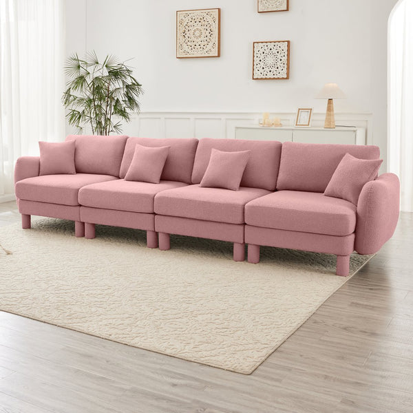 English Elm Boucle 4-Seater Pink Sofa With Chic Shell Armrests & Cylindrical Legs – Comfort Meets Modern Elegance W3041S00295