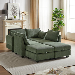 English Elm 113.5'' Modular Sectional Sofa with Storage Ottoman, Convertible U or L Shape Sleeper for 6 Seats Green W834S00251