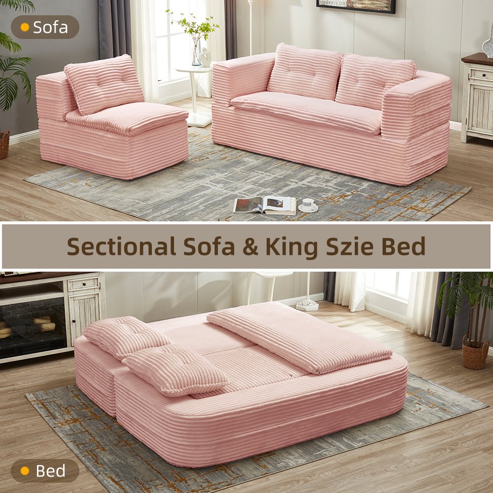 English Elm Multi Functional Sectional Sofa Bed in Baby Pink Plush Corduroy with Independent Chaise, Convertible Sleeper and 3 Pillows, Deep Seat Comfort W3219P387267