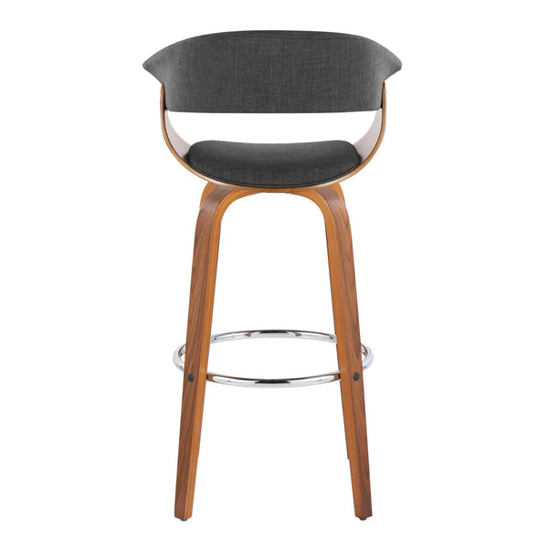 English Elm Vintage Mid-Century Barstool 30" Fixed-Height Swivel with Walnut Legs, Cushioned Backrest & Chrome Footrest Charcoal B202S00726