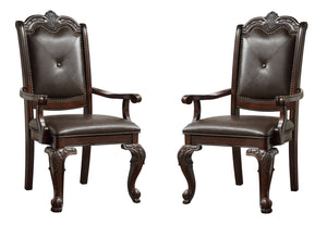 English Elm Formal 7pc Rectangular Dining Set with 18" Extendable Leaf, Carved Double Pedestal, Rich Dark Finish Upholstered Chairs B2741S00550