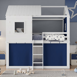 English Elm Full Size Kids Playhouse Bunk Bed Pinewood Frame with Tent Roof and Window Cutouts Blue LT000380AAC-1