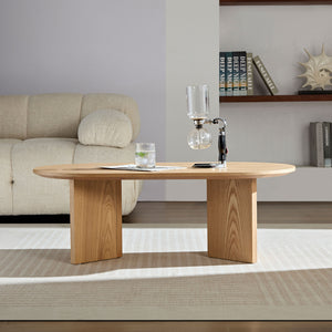 English Elm Length 39.37 Inch Modern Oval Coffee Table – Sleek MDF Pedestal Design, Space-Saving Durable Accent for Living Rooms and Apartments Oak W2582P217995