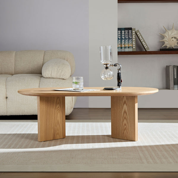 English Elm Length 39.37 Inch Modern Oval Coffee Table – Sleek MDF Pedestal Design, Space-Saving Durable Accent for Living Rooms and Apartments Oak W2582P217995