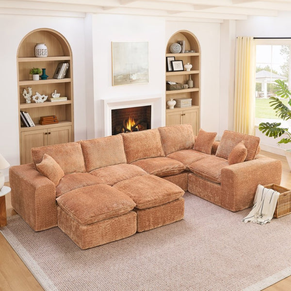 English Elm 107'' Boucle Modular Sectional with Reversible Chaise and Two Ottomans for Living Room Orange W1413S00169