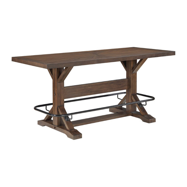 English Elm Brown Acacia Wood Counter Height Dining Set with Saddle Stools and Metal Footrest Rail B011S02271