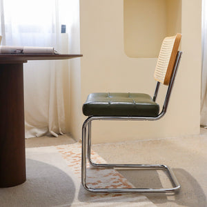 English Elm Dining Chairs Set of 2 Mid-Century Chrome Cantilever Faux Leather Rattan Back Accent Chairs Dark Green W2105P346391