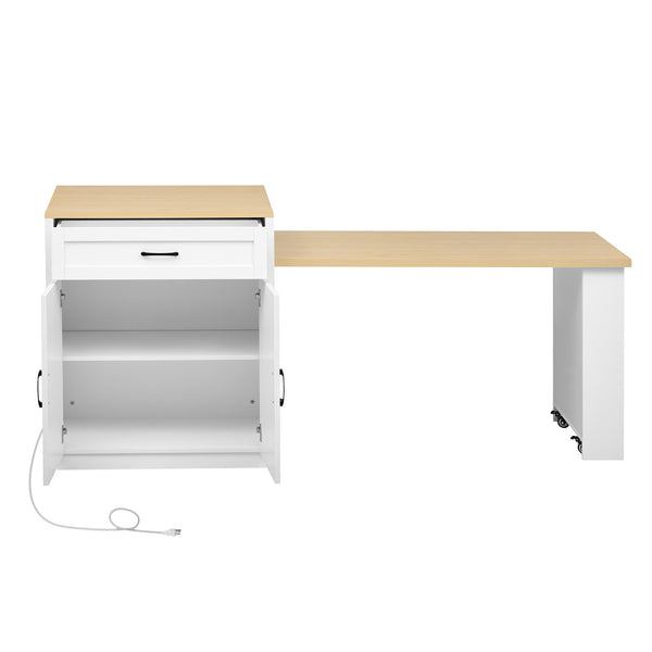 English Elm K&K Extendable Kitchen Island with Dining Table, 51.2" Seating for 2-6, Power Hub & Double Storage White Oak N707S000010W