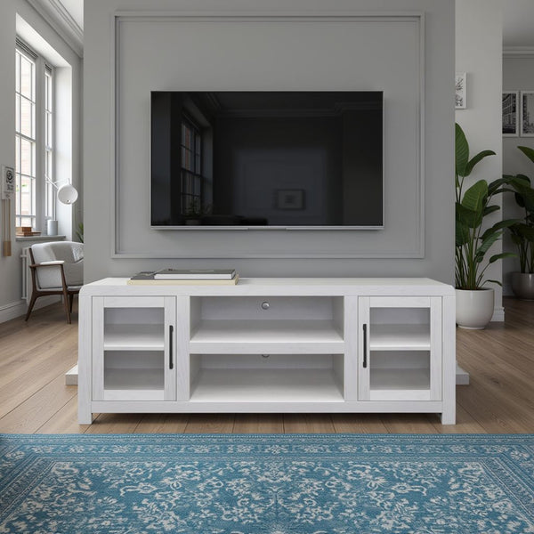 English Elm Haven 65" TV Stand with Glass Doors — Oak Veneer Entertainment Console for TVs up to 75", No Assembly B108P364414