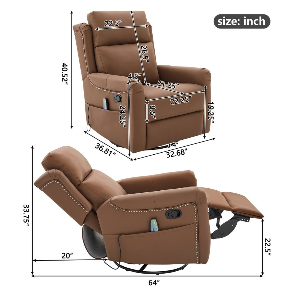 English Elm Modern Swivel Rocker Recliner Pu Leather Chair with Massage Heat and Storage Pocket Brown N763P399629D