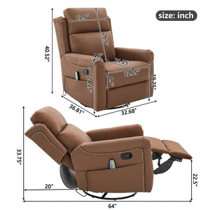 English Elm Modern Swivel Rocker Recliner Pu Leather Chair with Massage Heat and Storage Pocket Brown N763P399629D