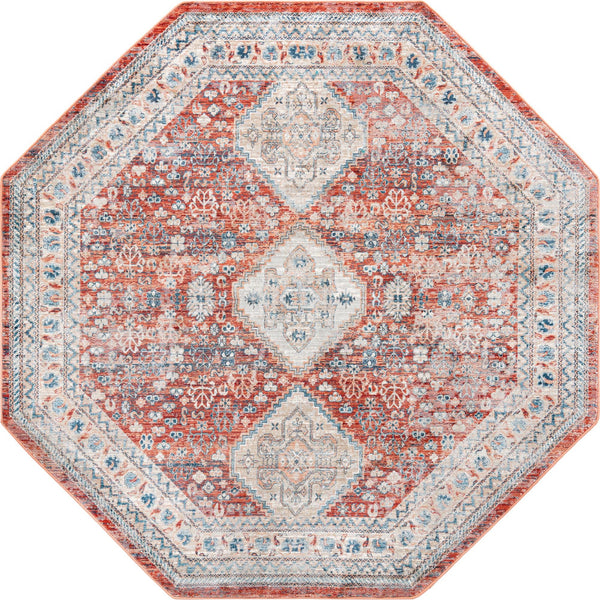 Unique Loom Newport Rosecliff Machine Made Border Rug Red, Light Blue/Ivory/Beige/Blue 7' 1" x 7' 1"
