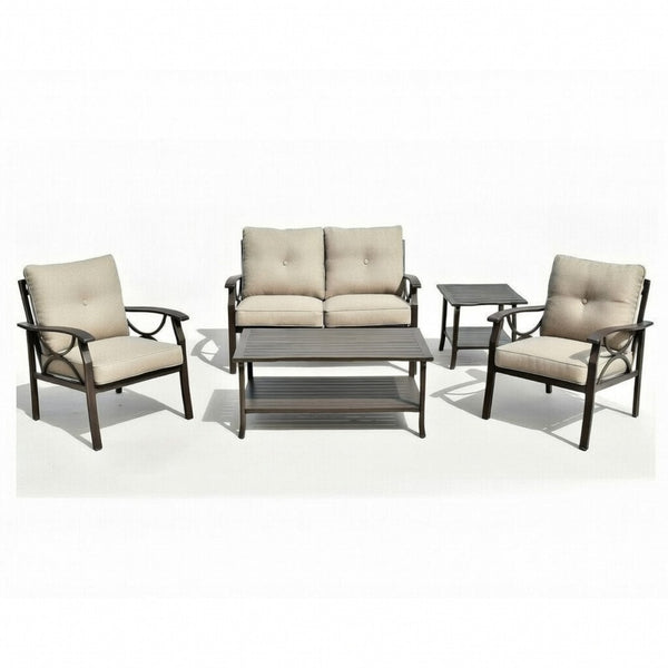 English Elm 5-piece Outdoor Steel Conversation Set with Thick Foam Cushions for Patio or Deck Beige B082S00121