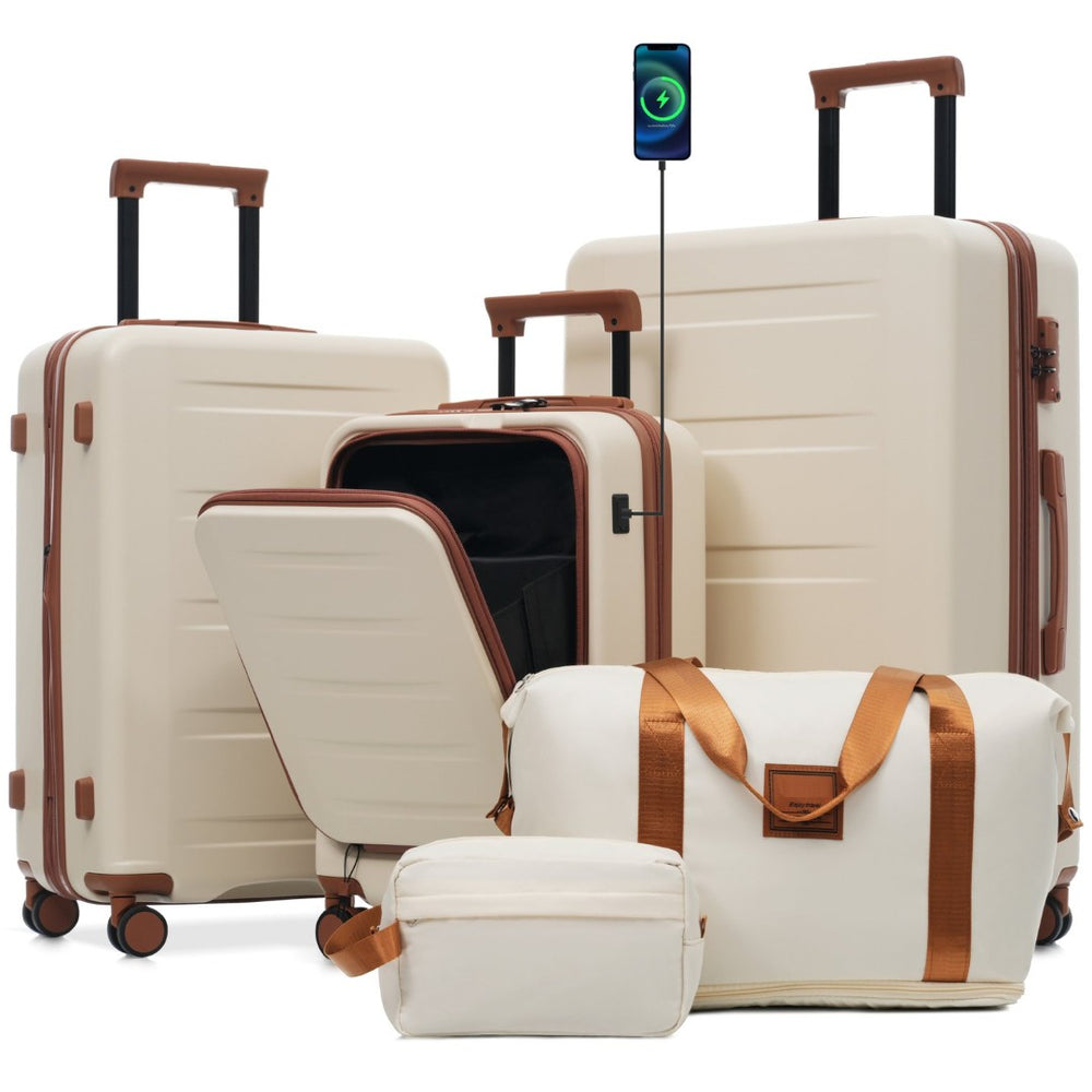 English Elm Luggage 5 Piece Hardside Abs Set with Front Access Carry on and Tsa Spinner Wheels Brown+White N732P391544K