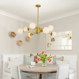 English Elm 35" Mid-century Branching Chandelier Eight Frosted Globe Shades Gold Iron Frame W2312P471909