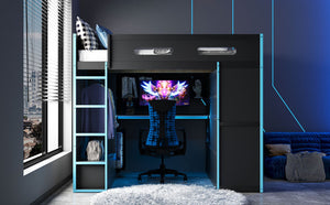 English Elm Full Size Gaming Loft Bed with Rgb Lighting Desk Wardrobe and Built-in Storage Blue LT100261AAC