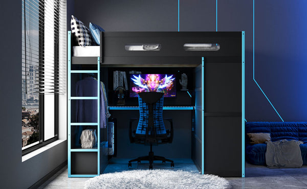 English Elm Full Size Gaming Loft Bed with Rgb Lighting Desk Wardrobe and Built-in Storage Blue LT100261AAC