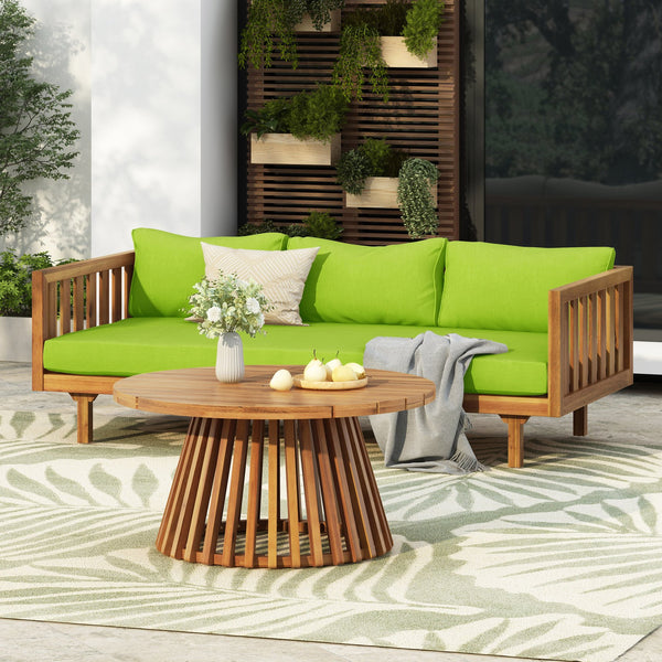 English Elm Christopher Knight Home® - Acacia Acacia Wood Patio Daybed and Round Coffee Table Set with Water-Resistant Cushions, Stylish Outdoor Lounge Green,Teak N770P234486F_66327.00GRN
