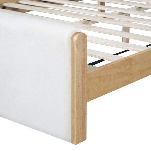 English Elm Queen Platform Bed Natural Wood Frame Beige Upholstered Headboard Low Profile N758Q909899N