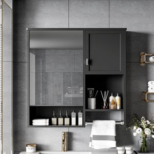 English Elm 29'' Modern Wall Mounted Medicine Cabinet with Mirror, Spacious Adjustable Shelves, Towel Bar and Durable MDF Finish Black N710P209440B