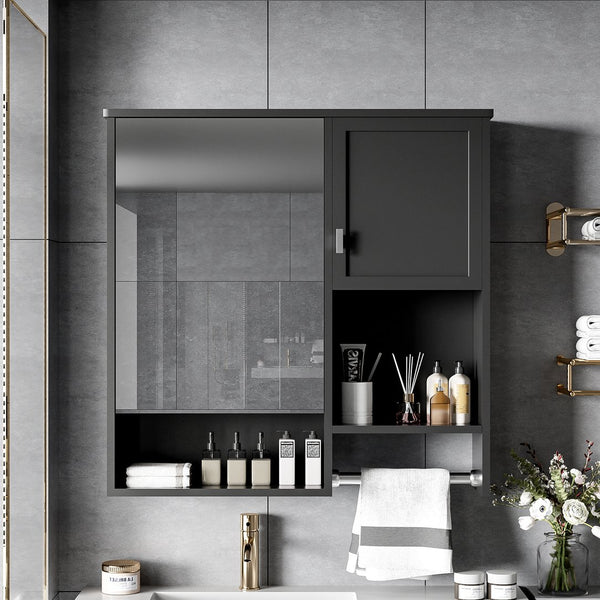 English Elm 29'' Modern Wall Mounted Medicine Cabinet with Mirror, Spacious Adjustable Shelves, Towel Bar and Durable MDF Finish Black N710P209440B